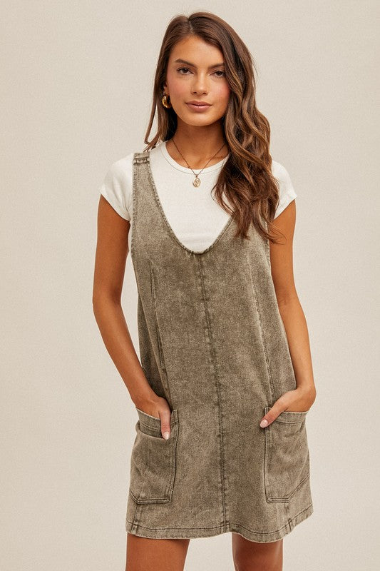 Snow Wash Twill Overall Dress Olive