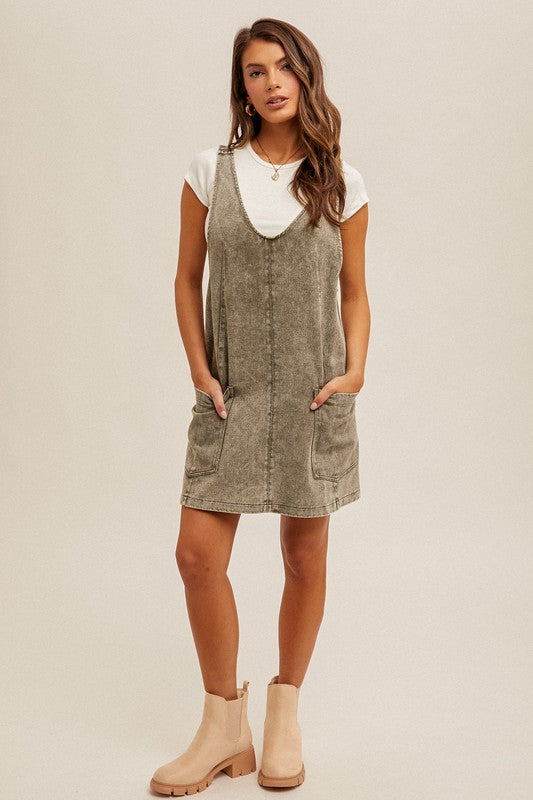 Snow Wash Twill Overall Dress Olive