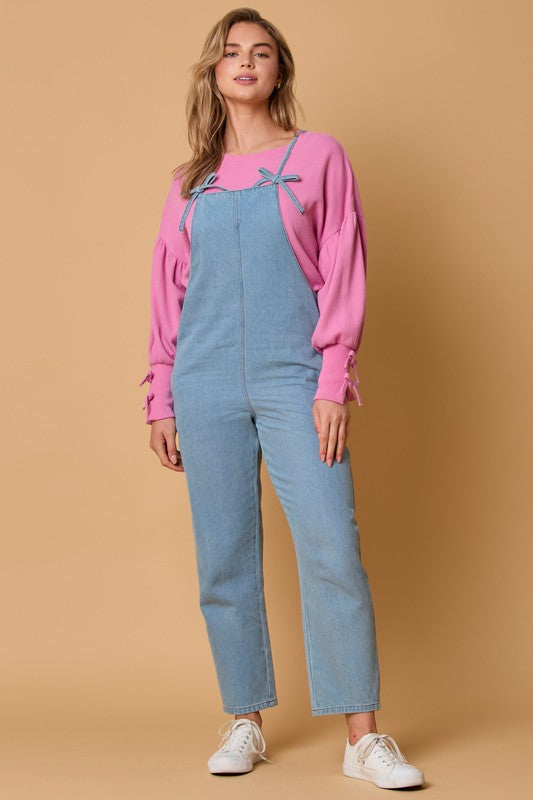 Denim Romper With Ribbon Bow Denim