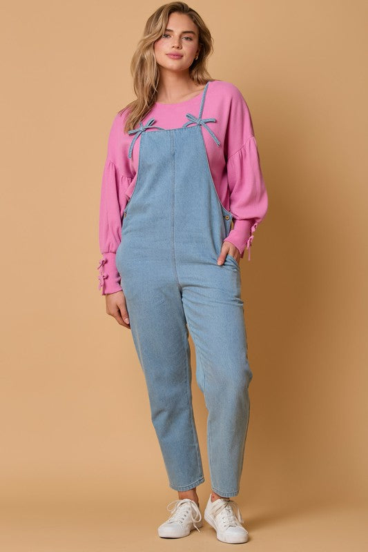 Denim Romper With Ribbon Bow Denim