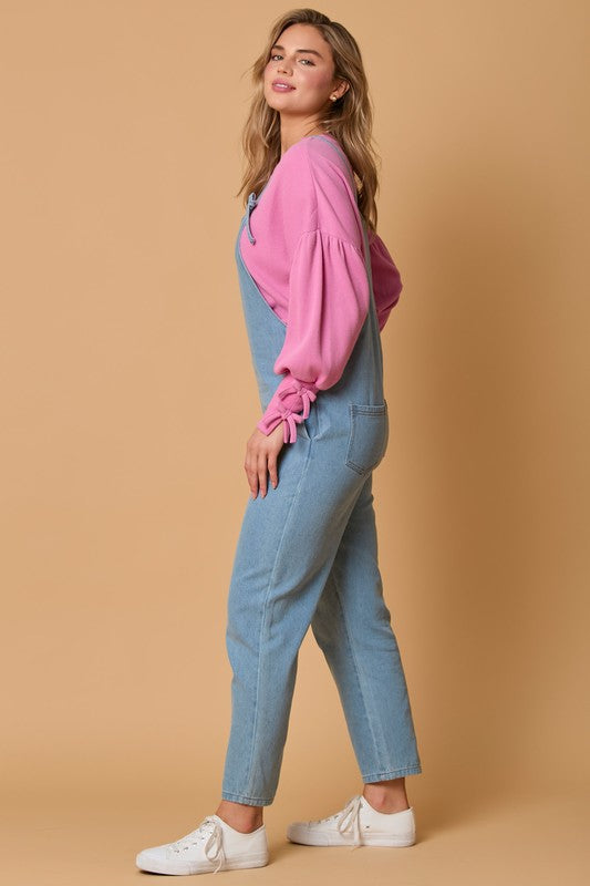 Denim Romper With Ribbon Bow Denim