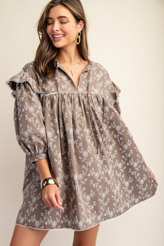 Vintage Floral Print Lace Trimmed Mini Dress Umber