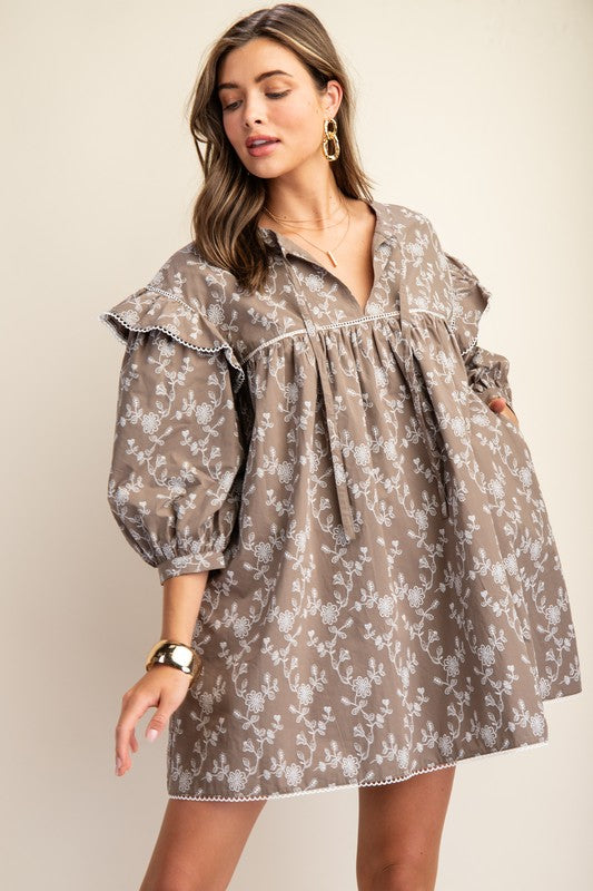 Vintage Floral Print Lace Trimmed Mini Dress Umber