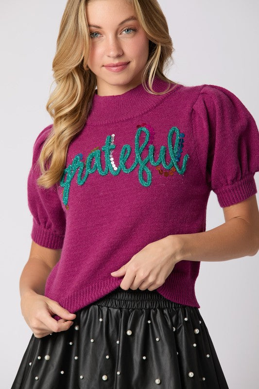 'Grateful' Puff Short Sleeve Sweater Plum