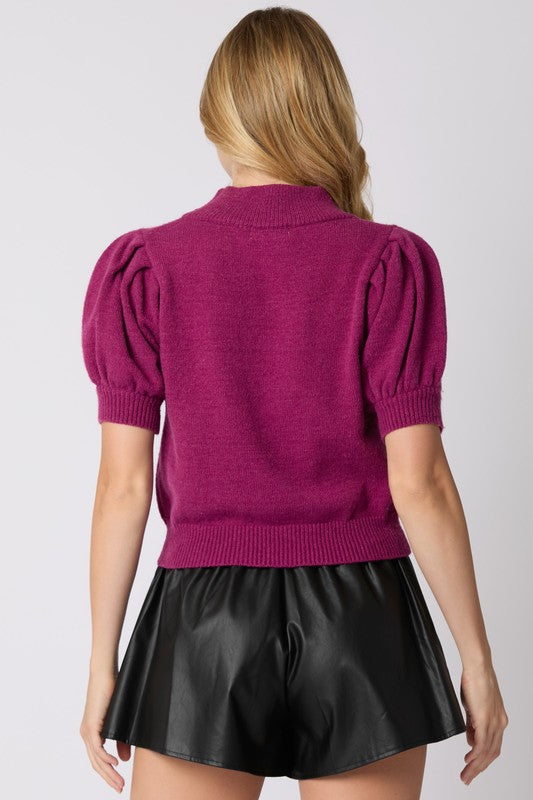 'Grateful' Puff Short Sleeve Sweater Plum