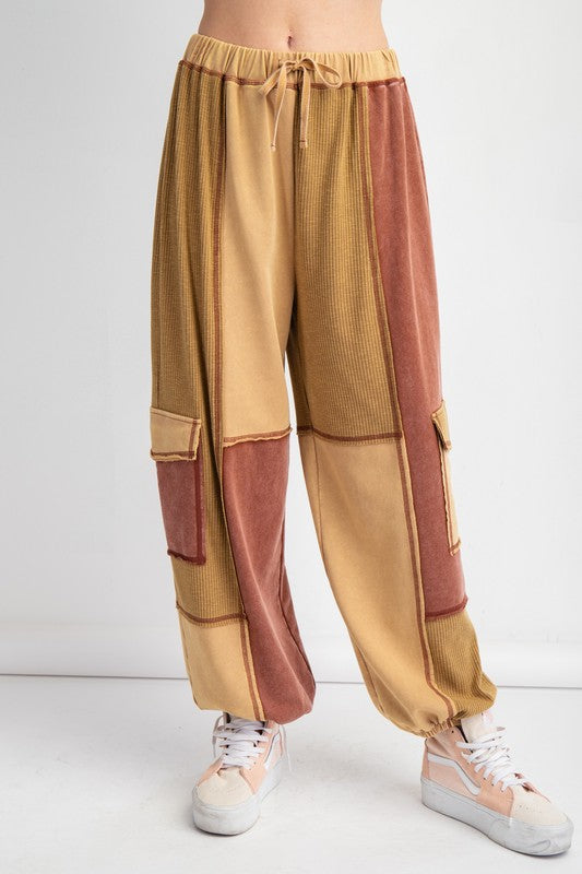 Color Block Terry Knit Cargo Pants Camel