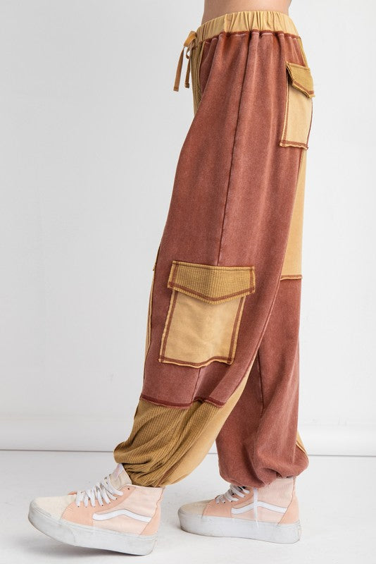 Color Block Terry Knit Cargo Pants Camel
