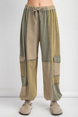 Color Block Terry Knit Cargo Pants Olive - Southern Fashion
