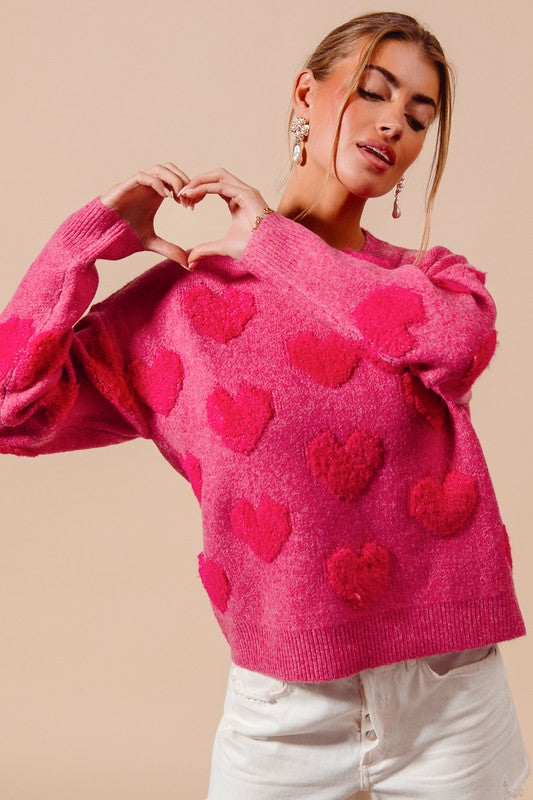 Chenille Textured Heart Knitted Sweater Fuchsia
