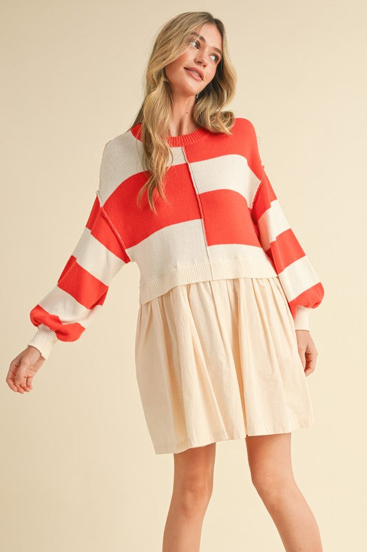Mixed Media Stripe Sweater Dress Red Ivory