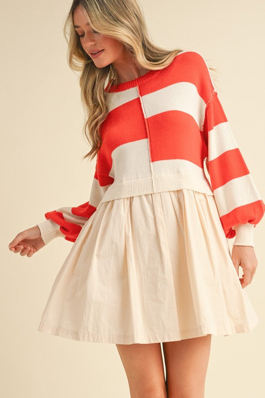Mixed Media Stripe Sweater Dress Red Ivory