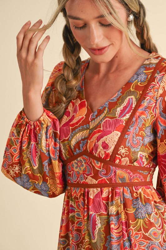 Puff Sleeve Floral Midi Dress Brick
