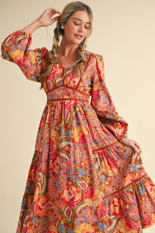 Puff Sleeve Floral Midi Dress Brick