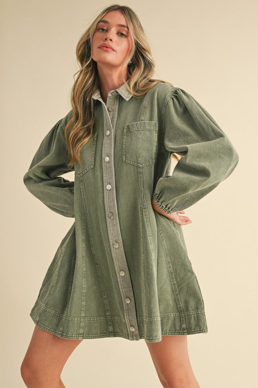 Washed Denim Button Down Fared Dress Olive