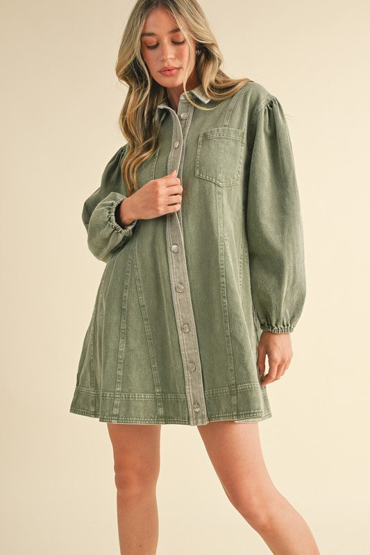 Washed Denim Button Down Fared Dress Olive