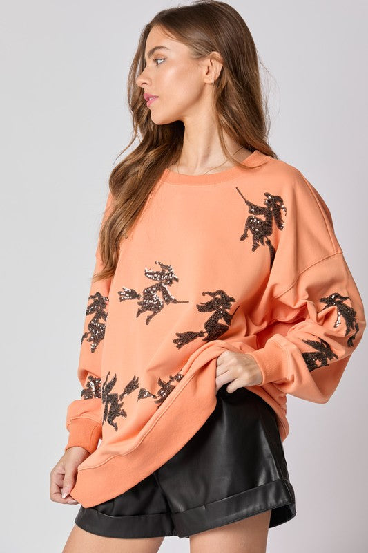 French Terry Top with Sequins Witch Orange