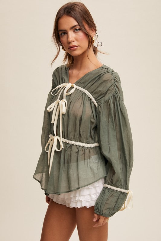 Bow Tie Front Contrast Blouse Top Emerald