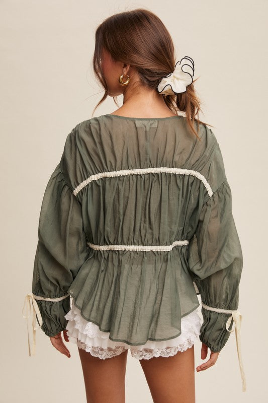 Bow Tie Front Contrast Blouse Top Emerald