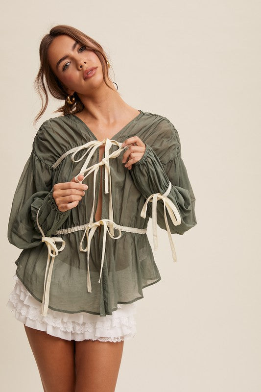 Bow Tie Front Contrast Blouse Top Emerald