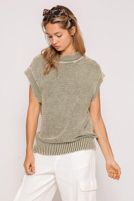Cap Sleeve Mineral Wash Sweater Olive