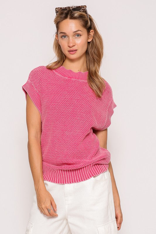 Cap Sleeve Mineral Wash Sweater Fuchsia