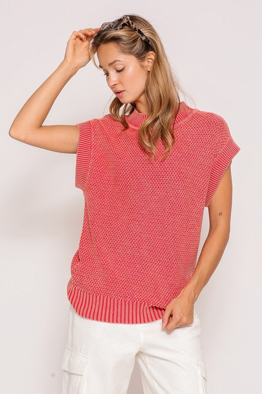 Cap Sleeve Mineral Wash Sweater Red