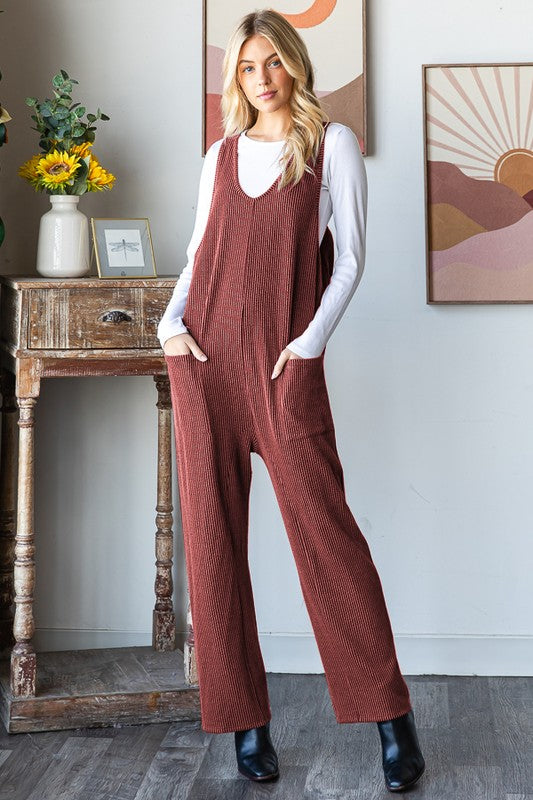 Ribbed Sleeveless Jumpsuit Rust