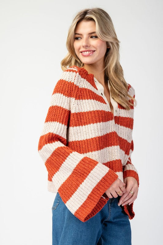 Striped Bell Sleeve Swaeter Top Orange
