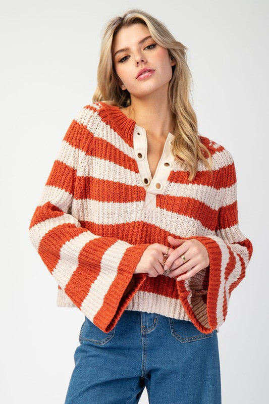 Striped Bell Sleeve Swaeter Top Orange