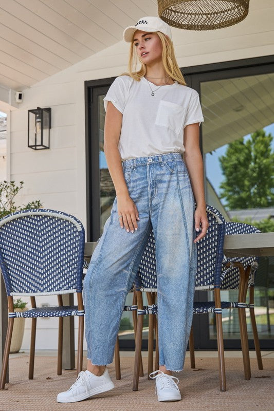 Denim Printed French Terry Barrel Pants Light