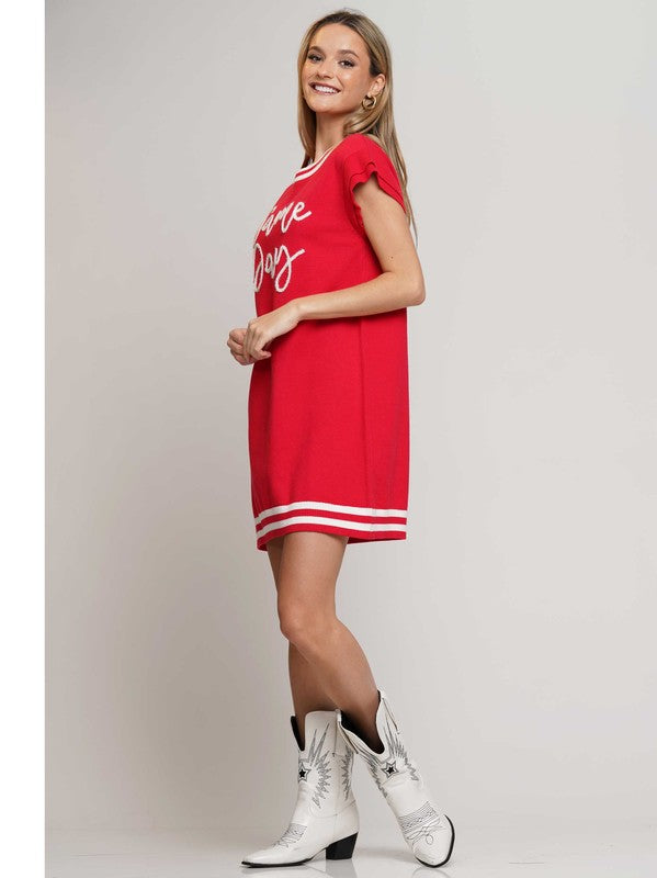 Game Day Ruffled Sleeve Knit Dress Crimson White
