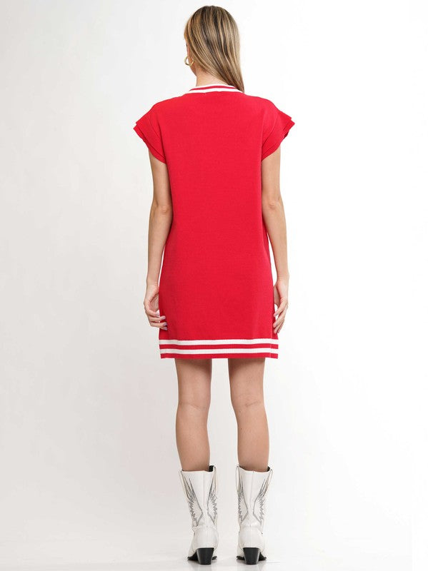 Game Day Ruffled Sleeve Knit Dress Crimson White