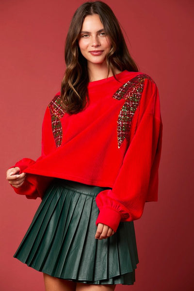 ella_selectshop　corduroy ribbon pullover Corduroy Christmas Bow Sequin Sweater Red - Southern Fashion
