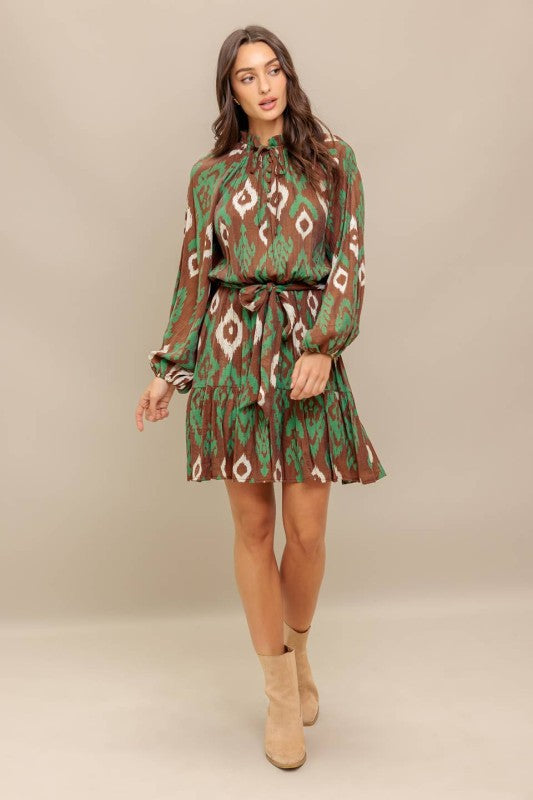 Ruffled Hem Printed Mini Dress Brown Green
