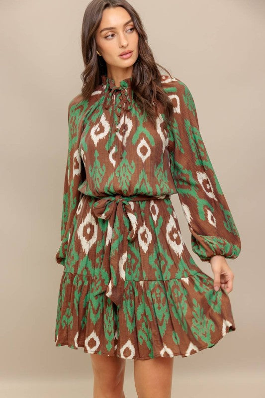 Ruffled Hem Printed Mini Dress Brown Green
