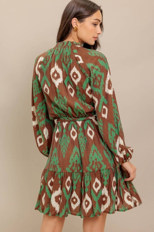 Ruffled Hem Printed Mini Dress Brown Green