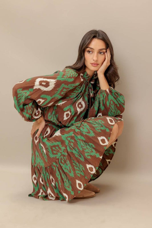 Ruffled Hem Printed Mini Dress Brown Green