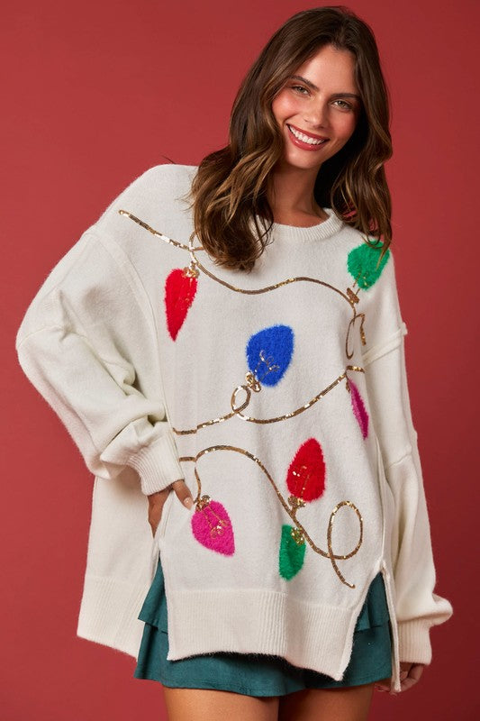 Christmas Lights Sequins & Fur Sweater Cream - Southern Fashion Boutique Bliss Christmas Lights Sequins & Fur Sweater Cream - Southern Fashion Boutique Bliss