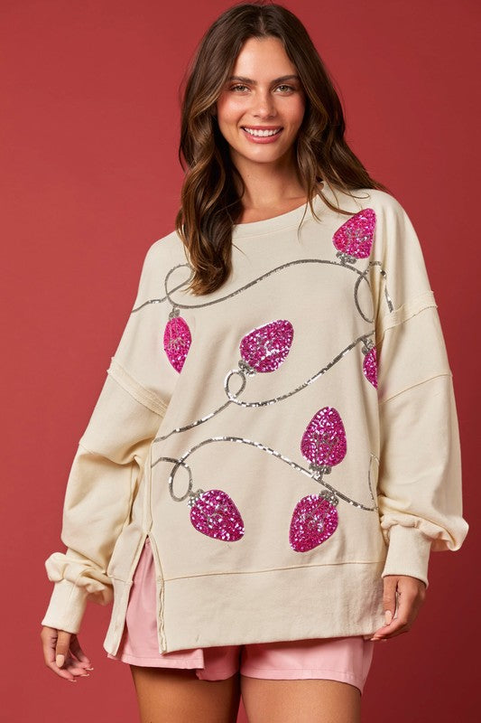 Christmas Lights Sequins Sweatshirt Top Cream - Southern Fashion