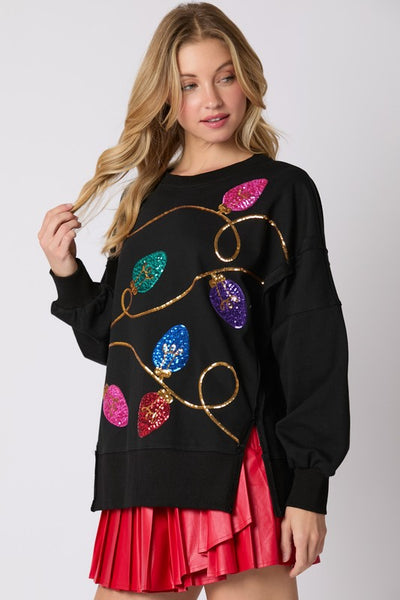 Christmas Lights Sequins Sweatshirt Top Black - Southern Fashion