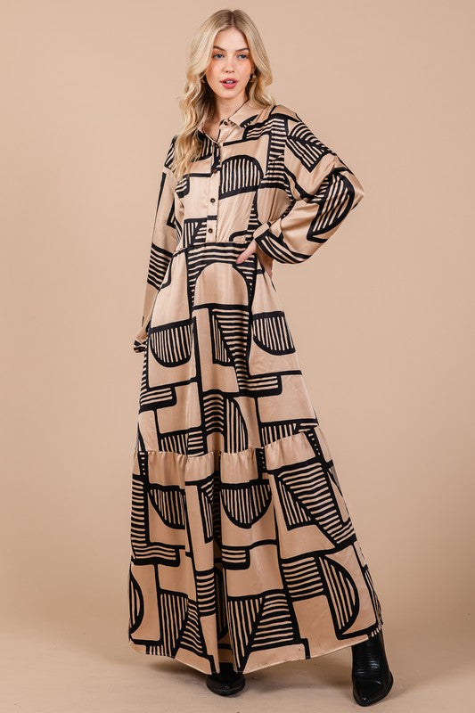 Geometric Satin Print Long Sleeve Maxi Taupe
