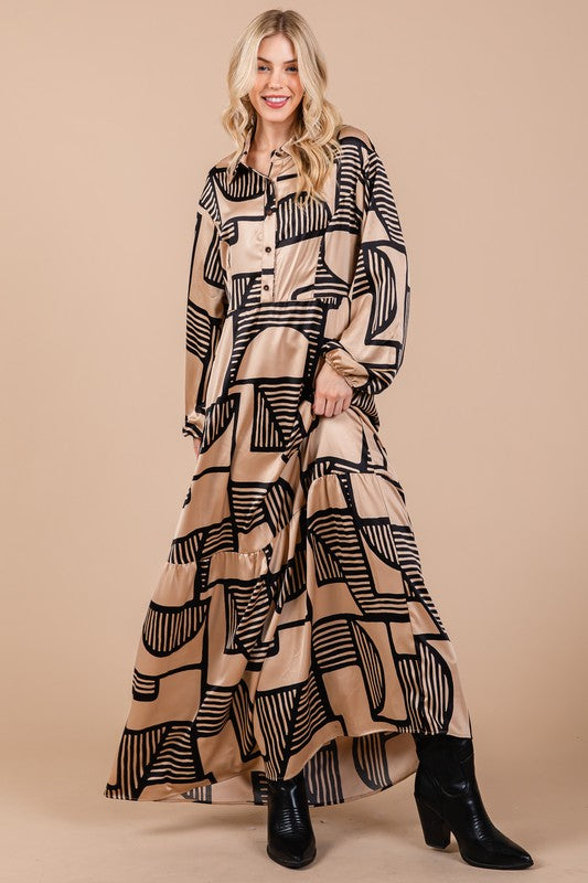 Geometric Satin Print Long Sleeve Maxi Taupe