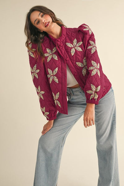 Quilted Floral Patch Jacket Sangria - Southern Fashion Boutique Bliss