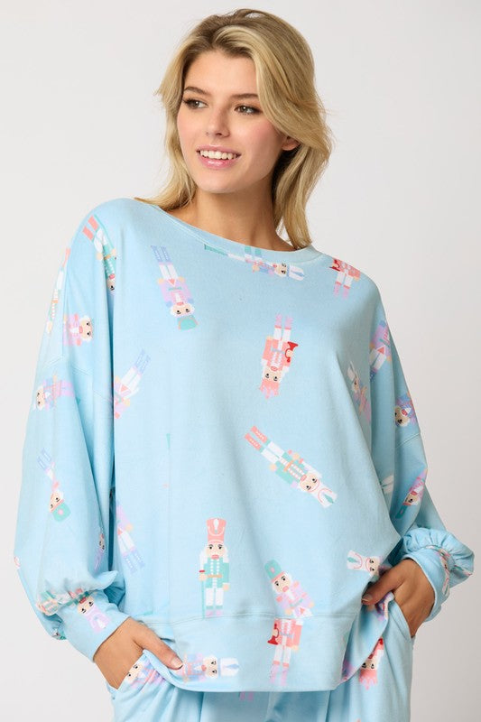 Fleece Nutcracker Prints Knit Top Baby Blue