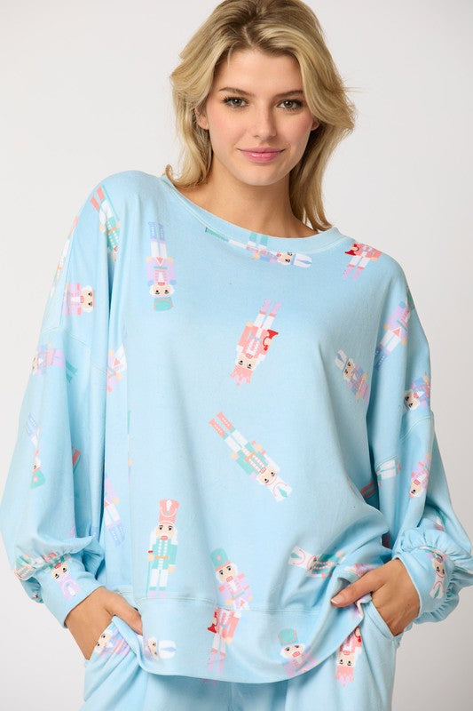 Fleece Nutcracker Prints Knit Top Baby Blue