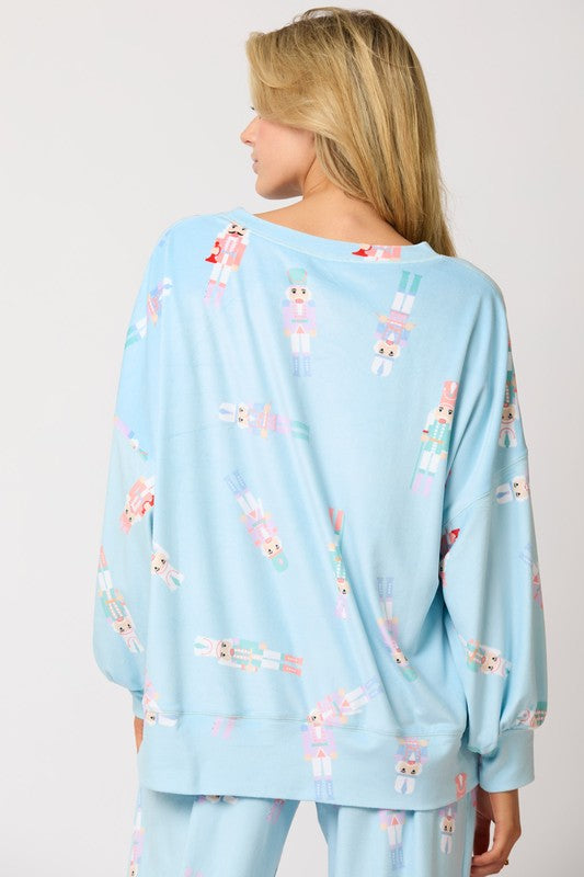 Fleece Nutcracker Prints Knit Top Baby Blue