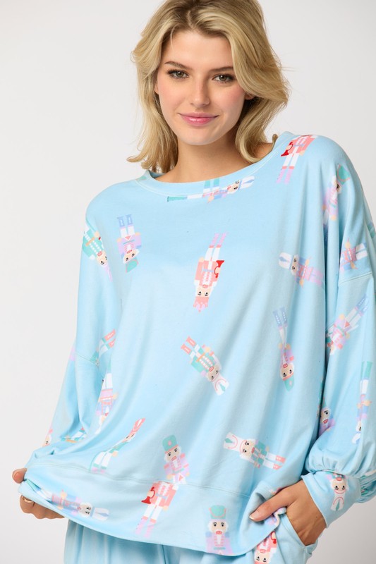 Fleece Nutcracker Prints Knit Top Baby Blue