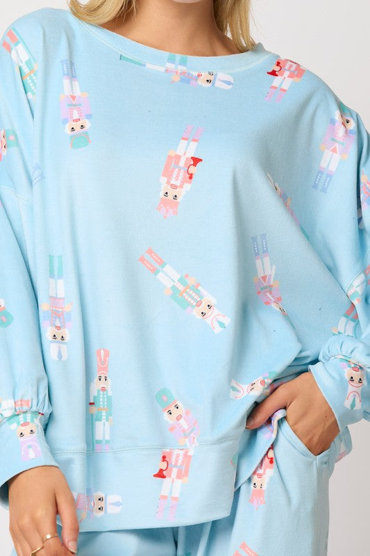 Fleece Nutcracker Prints Knit Top Baby Blue