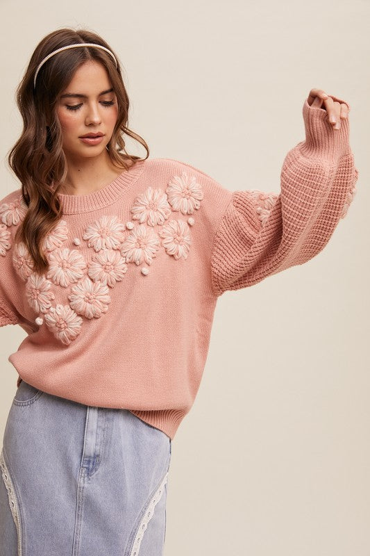 Embroidered Flower Detail Knit Sweater Blush - Southern Fashion Boutique Bliss