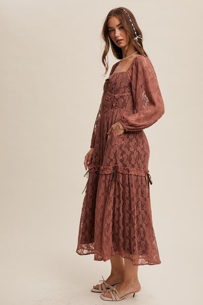 Corset Style Lace Long Sleeve Maxi Dress Rosewood - Southern Fashion  Boutique Bliss